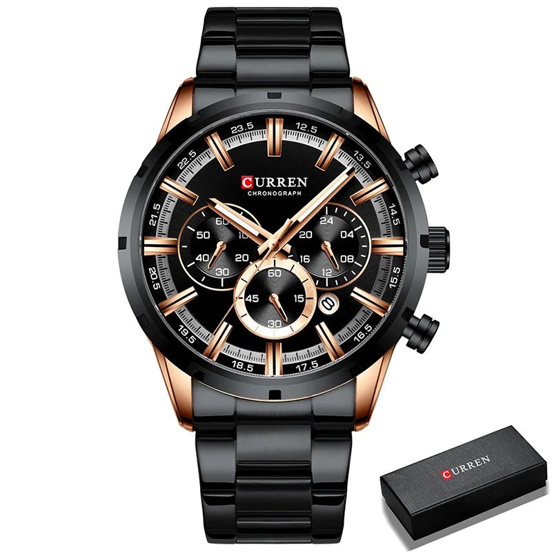 CURREN Mens Luxury Sports Quartz Watch Full Steel Waterproof Chronograph 6