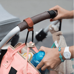 leather metal baby stroller hook clip hanger, anti slip carabiner spring clip, heavy duty bag holder for strollers