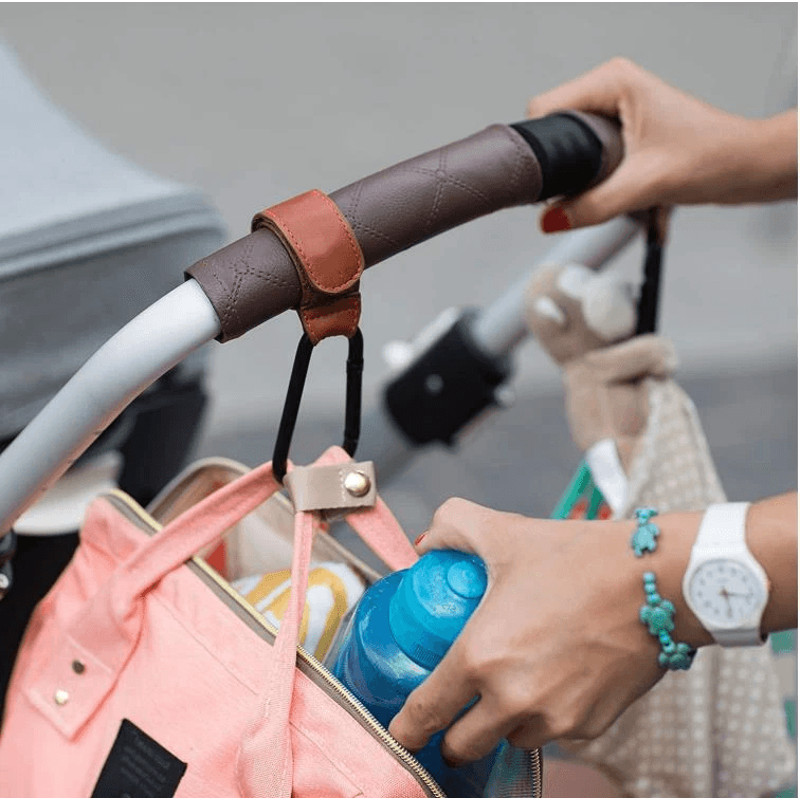 Leather Metal Baby Stroller Hook Clip Hanger Anti Slip Carabiner Spring Clip Heavy Duty Bag Holder 0