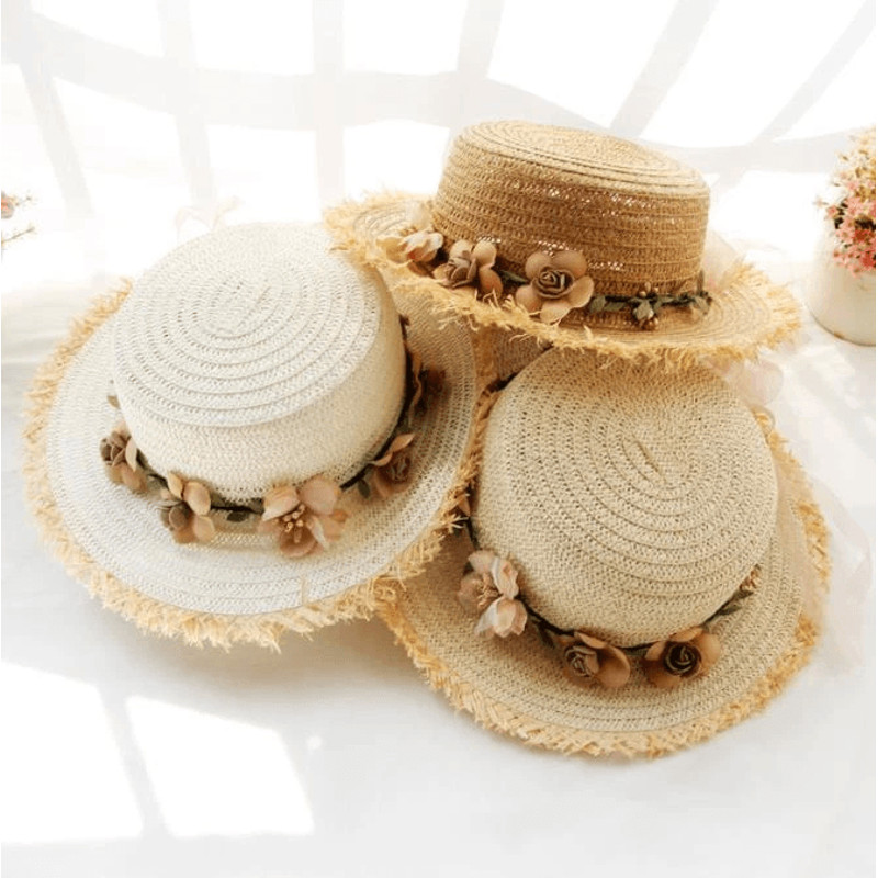 Summer Straw Sun Hat Wreath Decoration Fedora Bucket Hat With Flower Decor 0