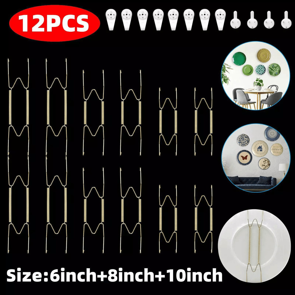 Gold Decorative Plate Hangers Wall Hook Holder Set  6810 Inch SpringLoaded Stainless Steel Hangers  0