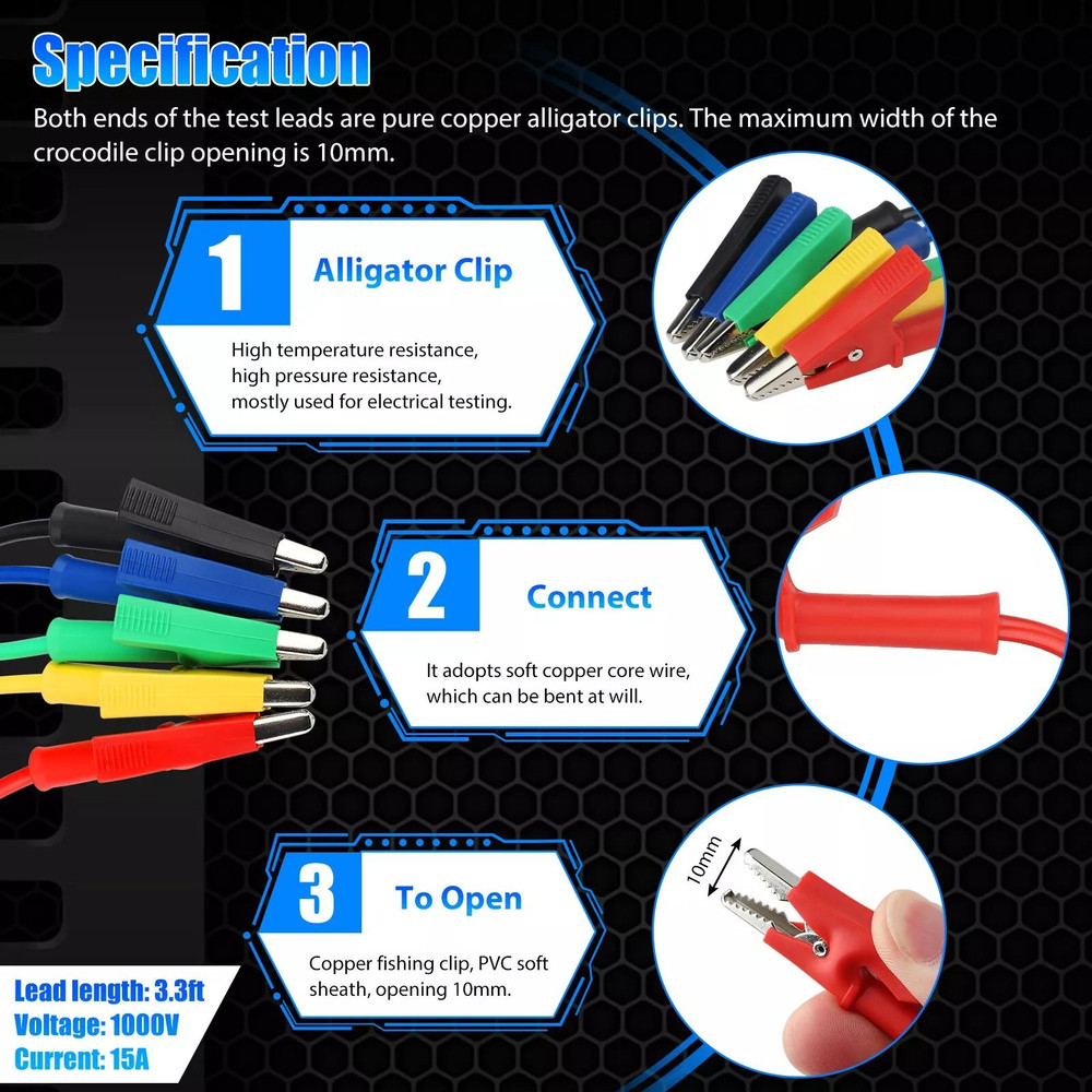 Alligator Clips Electrical Test Leads Set Durable Jumper Wires Cables for Secure Connections 30V
