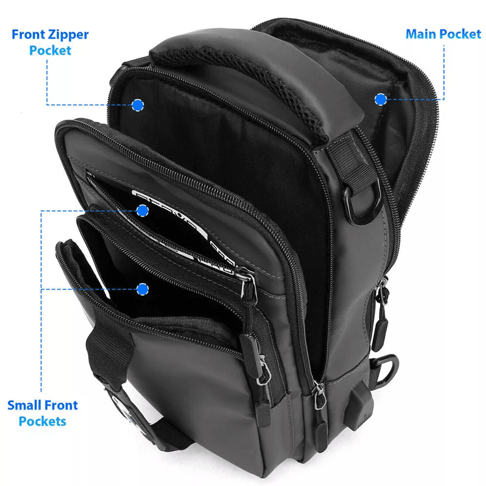 Mens Sling Crossbody Bag With USB Charging Port Waterproof AntiTheft Chest Pack Shoulder Backpack F 5