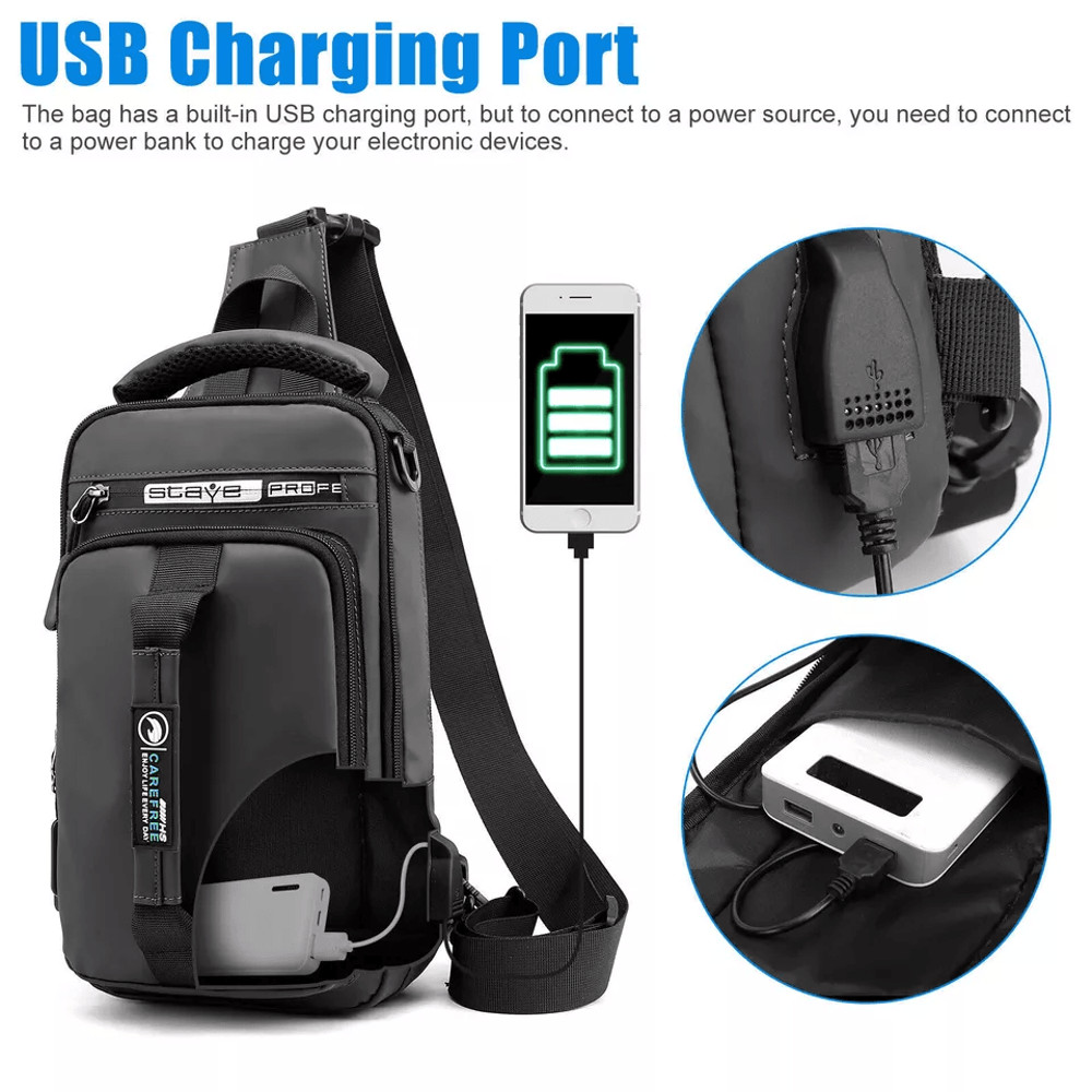 Mens Sling Crossbody Bag With USB Charging Port Waterproof AntiTheft Chest Pack Shoulder Backpack F 4