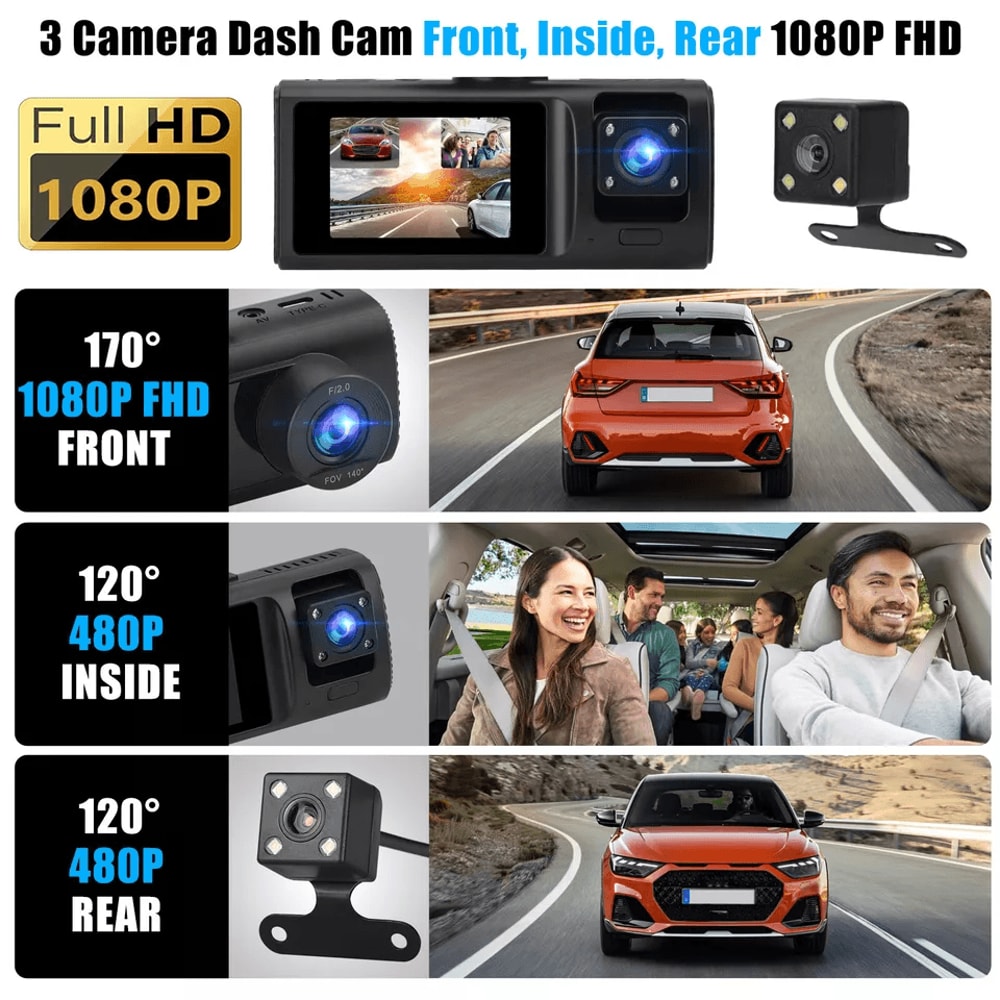 HD 1080P Car Dash Camera With Night Vision Front Rear Inside DVR 1