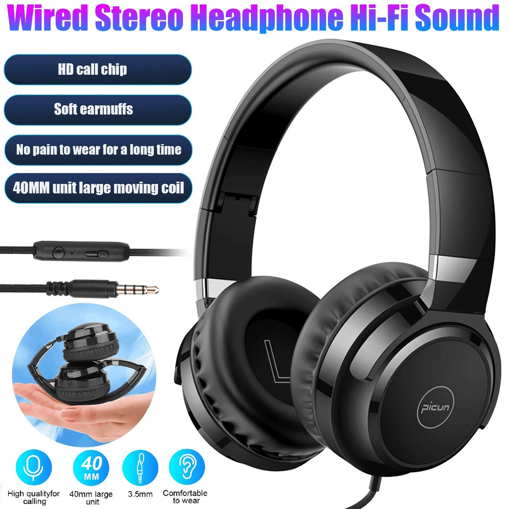 Foldable Earphones OverEar Stereo HiFi Headset With Builtin Mic Volume Control Compatible Gaming 0