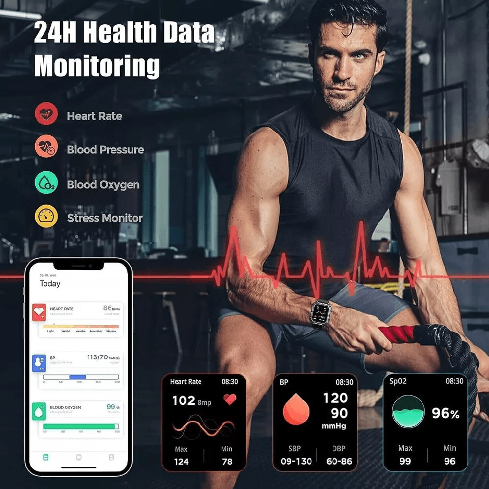 New Blood Pressure Smart Watch Men Military Fitness Tracker Bluetooth Call Wristwatch 5