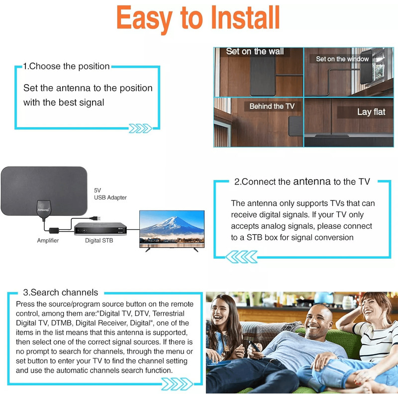 3600 Miles Digital TV Antenna Indoor HDTV Amplified Signal Booster 4K Long Range USB Powered Coax C 6