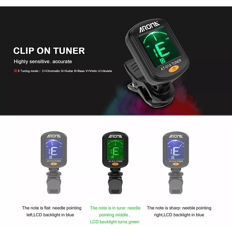 ClipOn LCD Digital Tuner For Guitar Bass Violin Ukulele AT01A Chromatic Vibration Tuner With Color  2