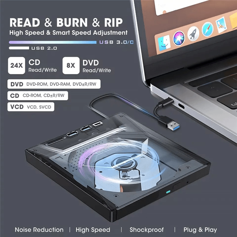 External CD DVD Drive USB Writer Burner Player For PC Laptop Windows Mac Portable Optical Drive Wit 2