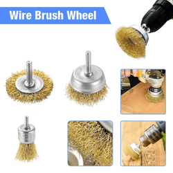 wire wheel brush set, coarse crimped carbon steel drill cup attachments for rust & paint removal