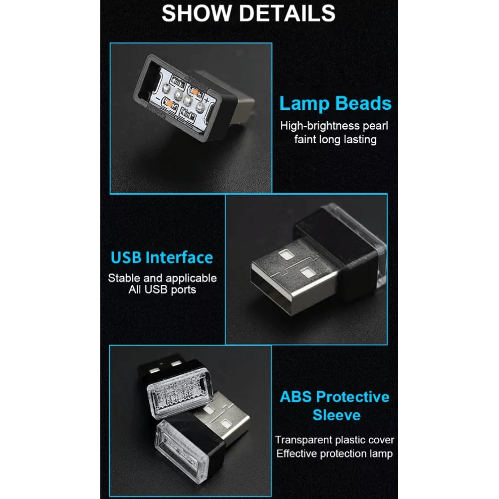 Mini Blue LED USB Car Interior Light Set Ambient Neon Atmosphere Lamps For Cars Laptops And Bedroom 7