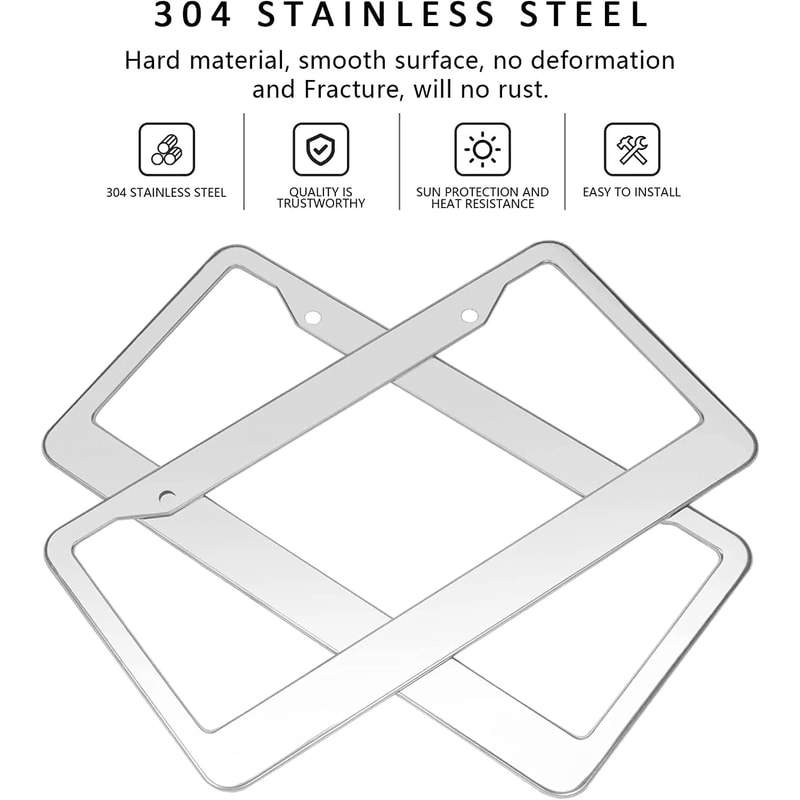 2PCS Chrome Stainless Steel License Plate Frame Set RustProof Metal Tag Covers With Screw Caps For 7