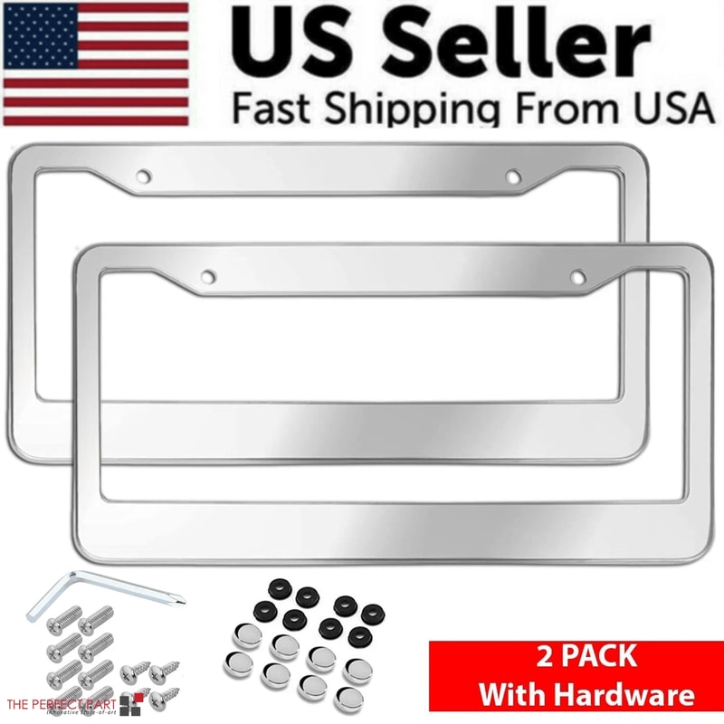 2PCS Chrome Stainless Steel License Plate Frame Set RustProof Metal Tag Covers With Screw Caps For 0