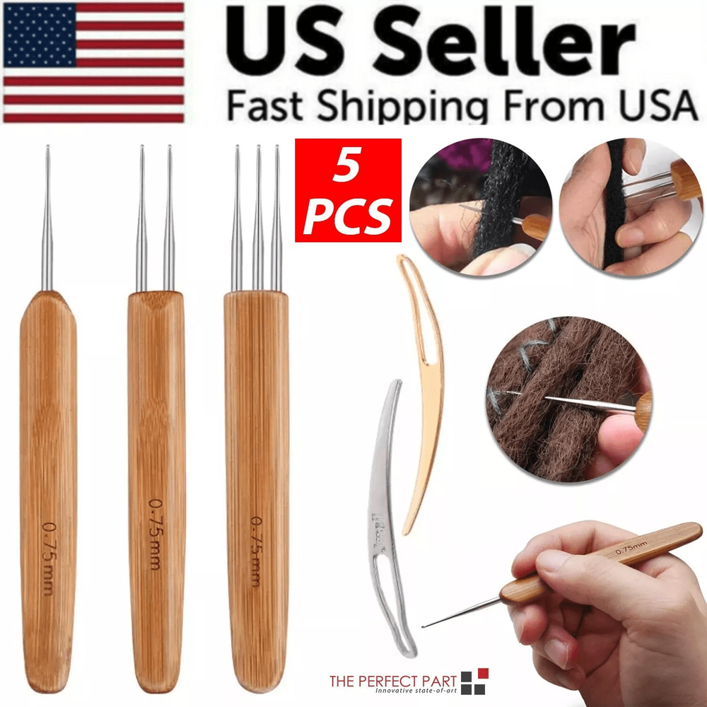 5Pcs DIY Crochet Needle Hook Set For Dreadlocks  Bamboo Handle Hair Braiding  Knitting Tool For Loc 0