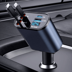 retractable car charger,fast charge with usb-c & lightning cables
