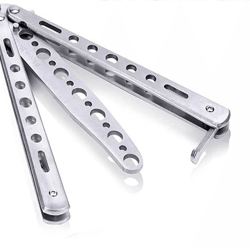 balisong butterfly trainer knife practice tool, safe metal black silver flip knife for beginners & gifting