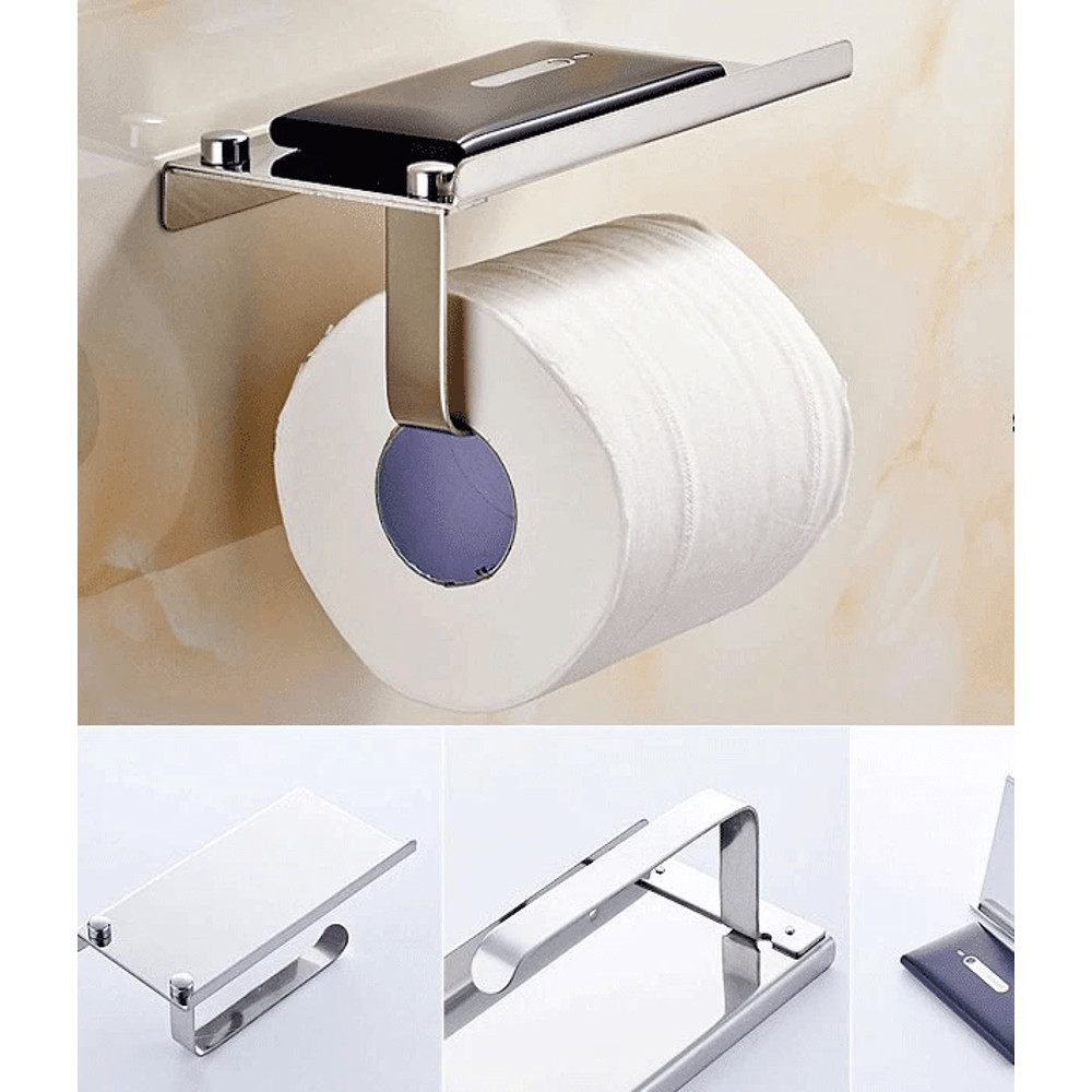 Wall Mounted Toilet Paper Holder With Phone Shelf Bathroom Storage Rack 1