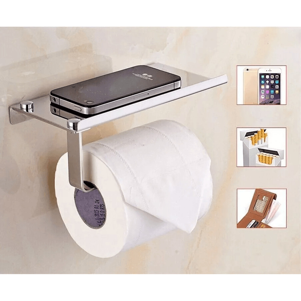 Wall Mounted Toilet Paper Holder With Phone Shelf Bathroom Storage Rack 0