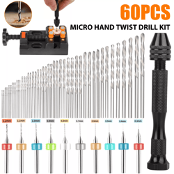 mini micro hand drill bits set with manual keyless chuck pin vise, twist drills, pcb bits, rotary tools for precision