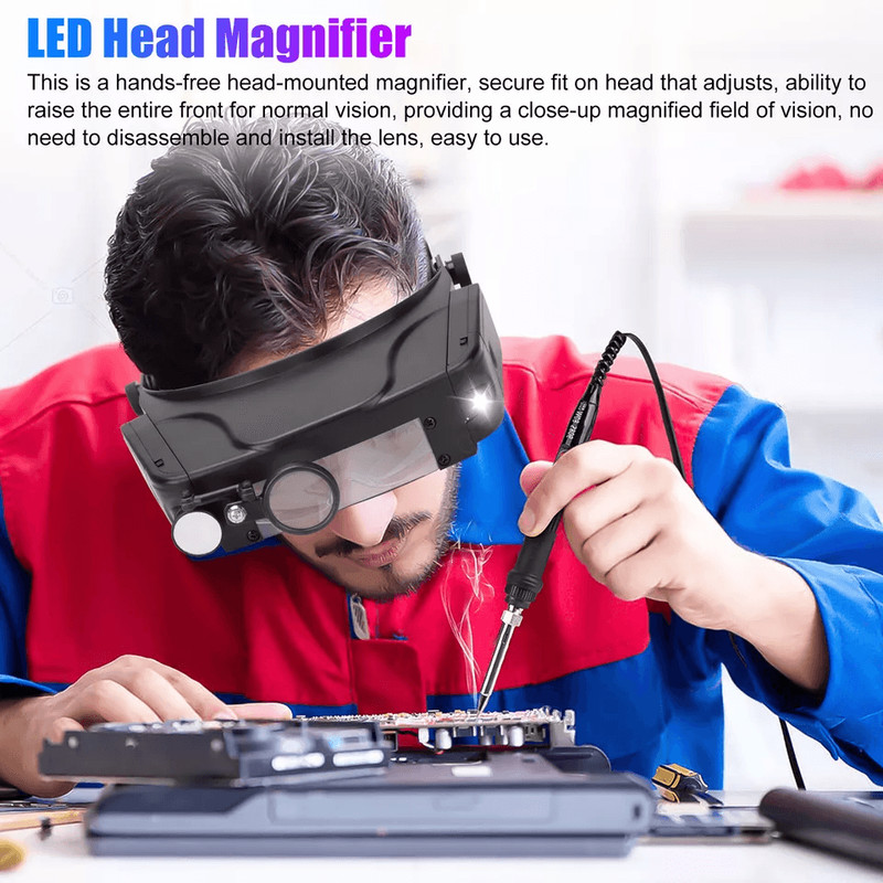 Jewelers Headband Magnifier With LED Lights Adjustable Visor Magnifying Glasses For Close Work 1
