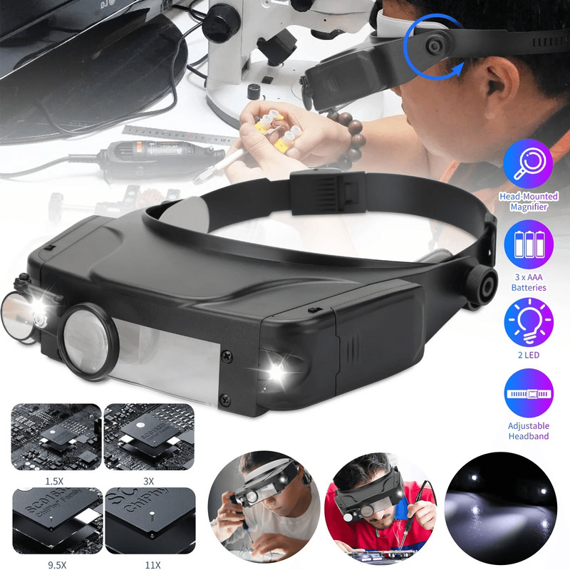 Jewelers Headband Magnifier With LED Lights Adjustable Visor Magnifying Glasses For Close Work 0