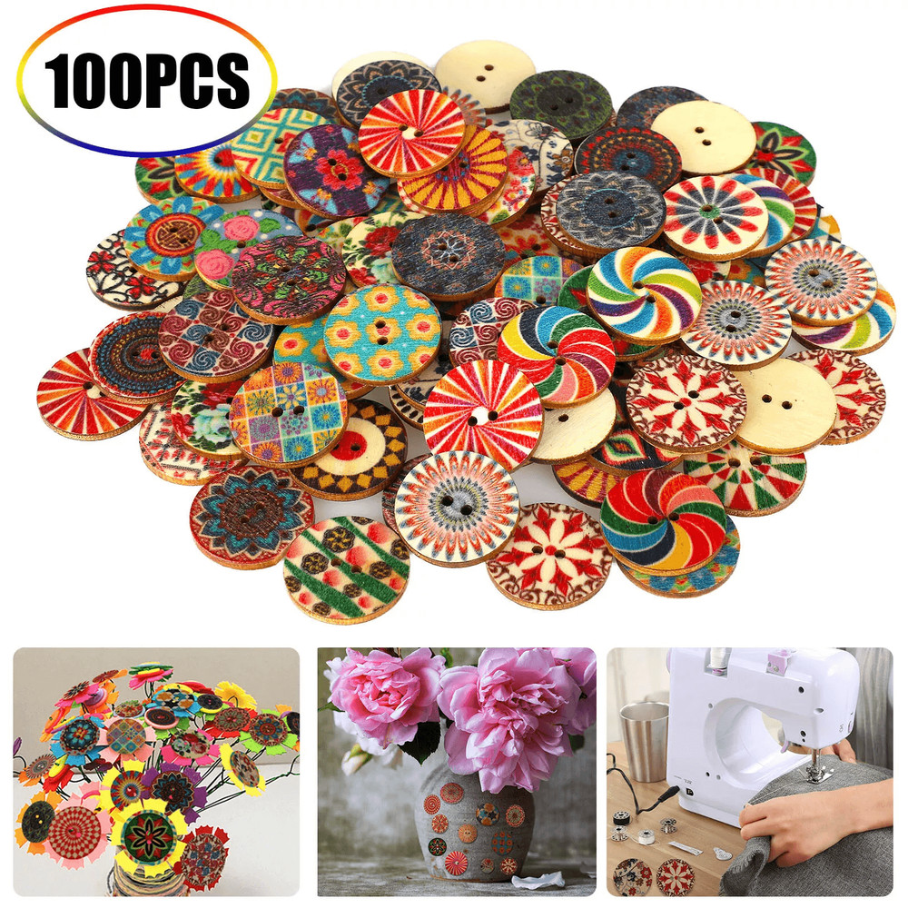 Lot Of Wooden Art Buttons 2Hole Mixed Colors For DIY Sewing Scrapbooking Crafts 0
