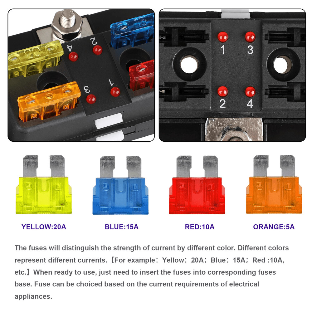 4Way Blade Fuse Box Holder With LED Indicator For 12V24V Automotive Marine RV And Boat Applications 5