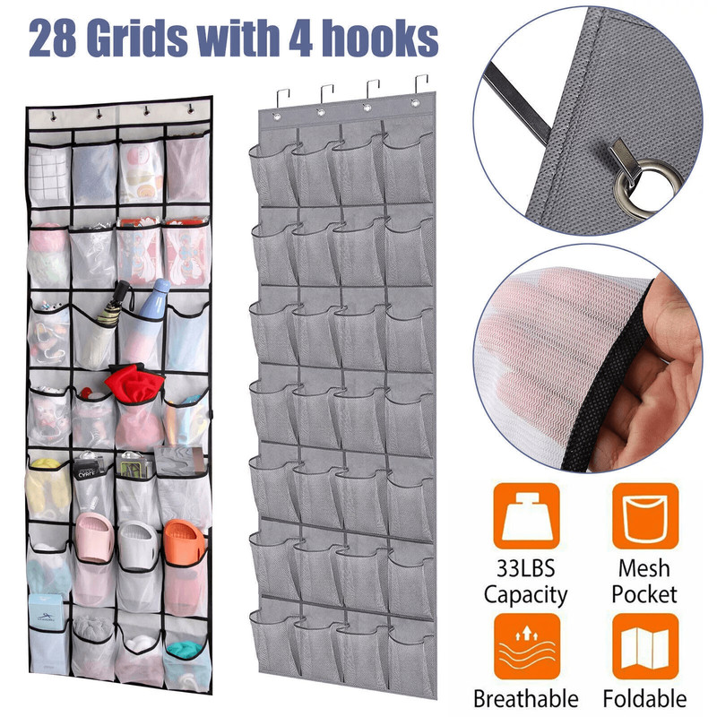 28 Grids Over Door Shoe Organizer Rack Hanging Storage Holder With Mesh Pockets For Closet Bathroom 0
