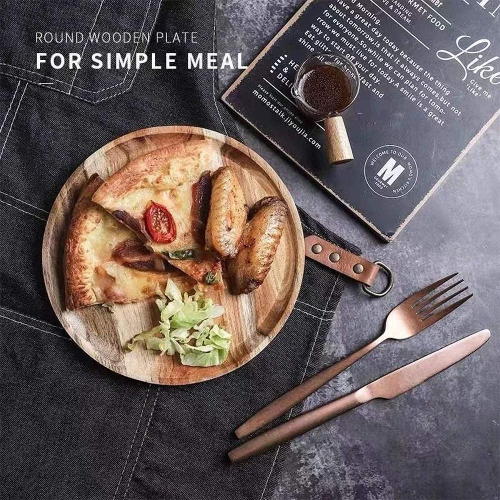 Premium Acacia Wood Round Serving Platter  Rustic Wooden Tray For Pizza Salad Fruit Dessert Bread C 3