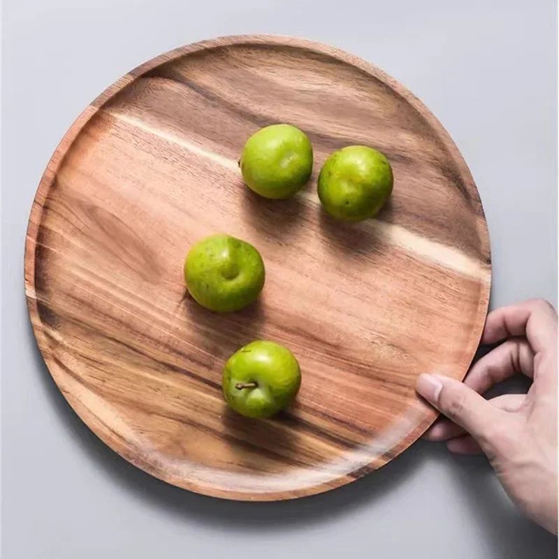 Premium Acacia Wood Round Serving Platter  Rustic Wooden Tray For Pizza Salad Fruit Dessert Bread C 5