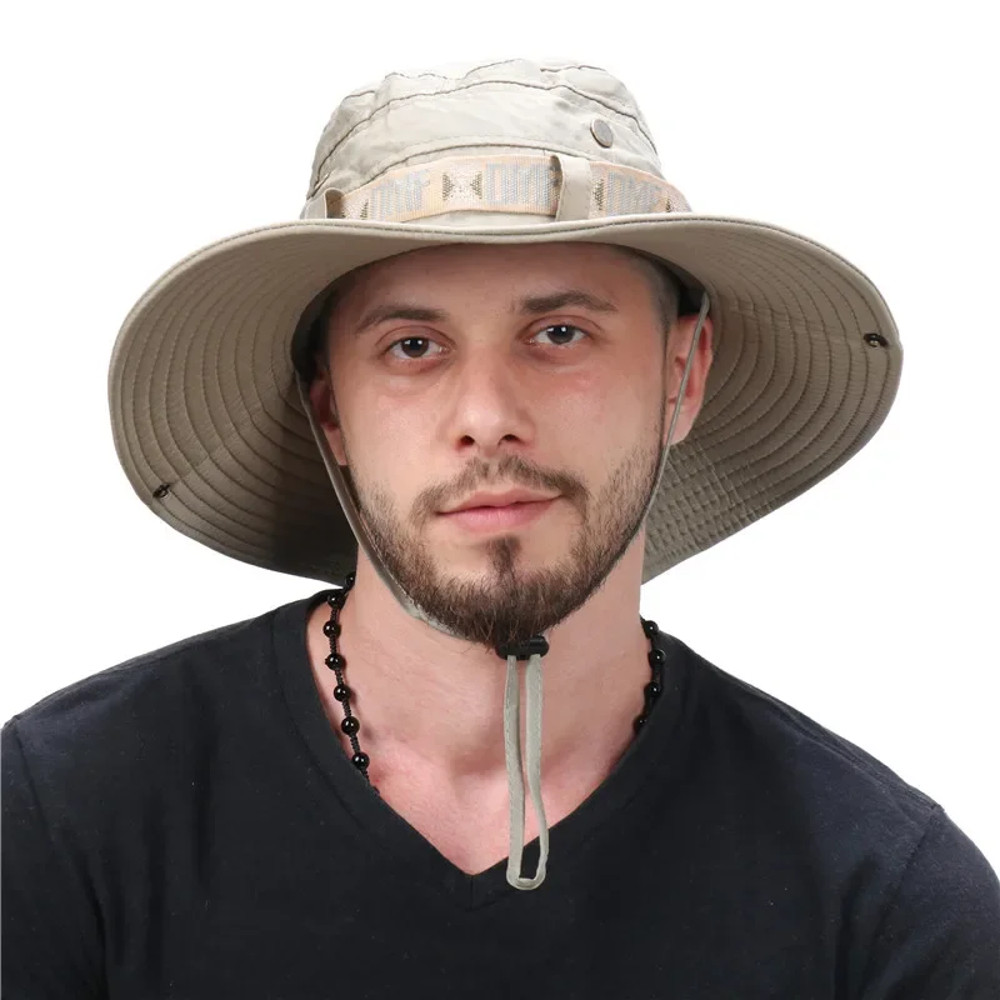 Summer Men Bucket Hat Outdoor UV Protection Wide Brim Panama Safari Hiking Fishing Mesh Hat Beach Sunscreen Cap for Hunt