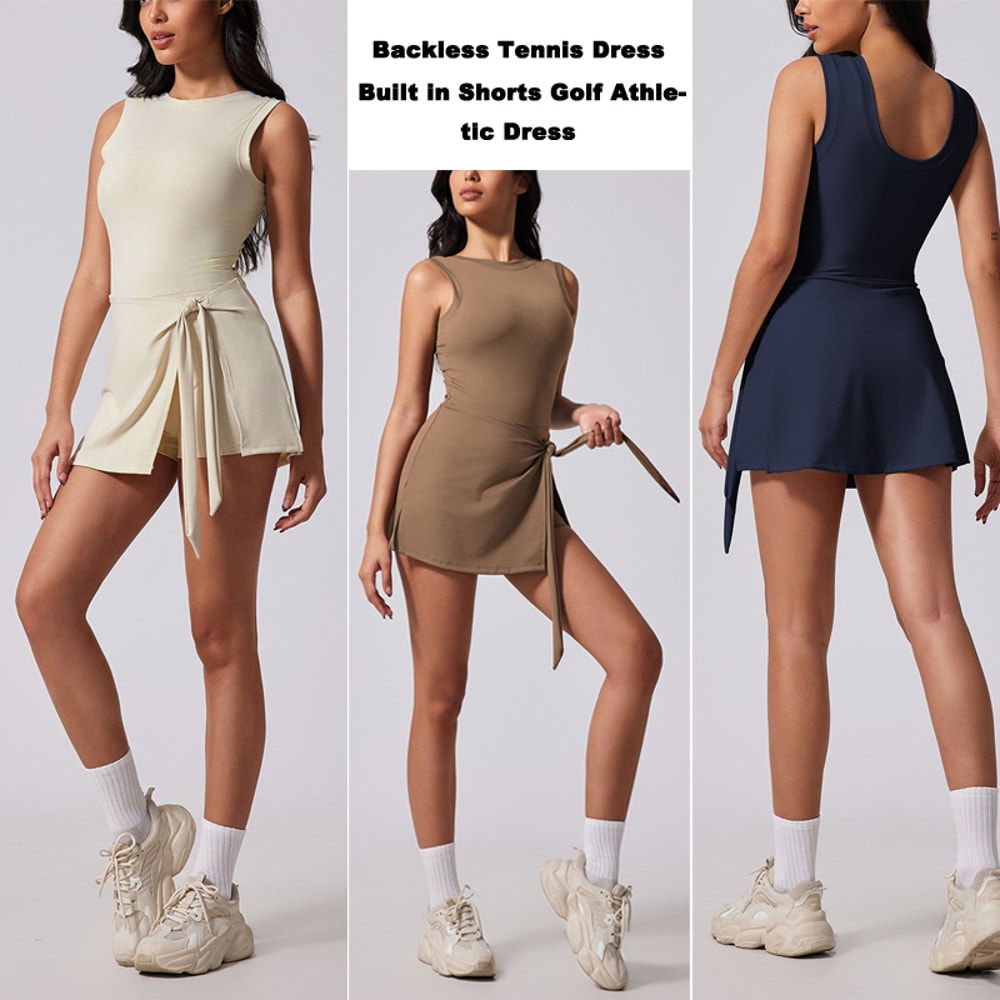 Boat Neck Tennis Dress Golf Dress for Women with Built-in Shorts, Sleeveless Backless Active Workout Romper Dress