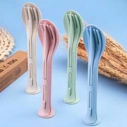 portable tableware set wheat straw dinnerware, detachable cutlery travel tableware set with case, eco-friendly camping