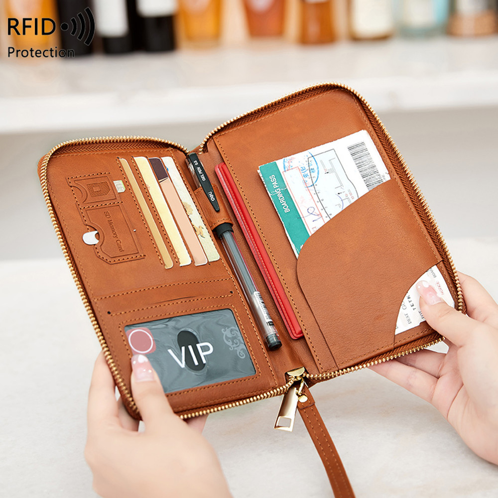 Multifunctional Blocking Travel Wallet, Passport Holder, Ticket Organizer, Credit Card Zipper Pouch with Wrist Strap