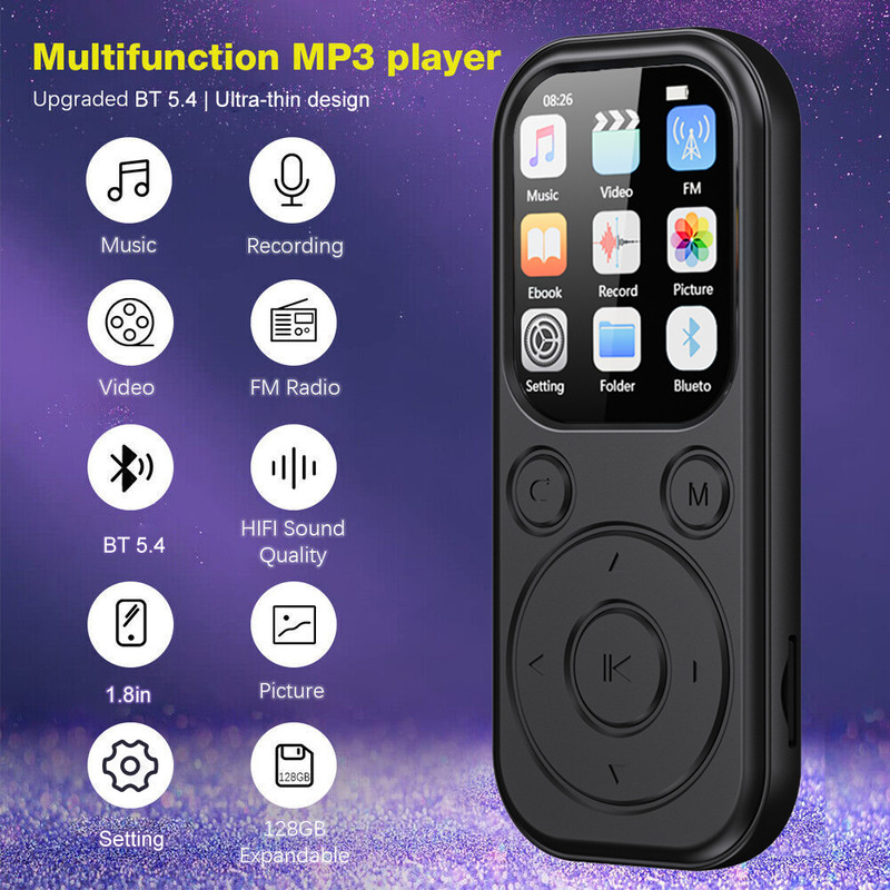 Slim Bluetooth 5.4 MP3 Player, Portable Walkman Music Player with FM Radio, eBook Reader & Recorder, Ideal for Travel