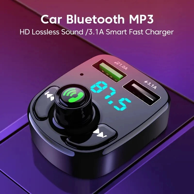 Dual USB Car Charger with Bluetooth 5.0 MP3 Transmitter – 3.1A QC3.0 & Type-C PD Fast Charging, Hands-Free Kit