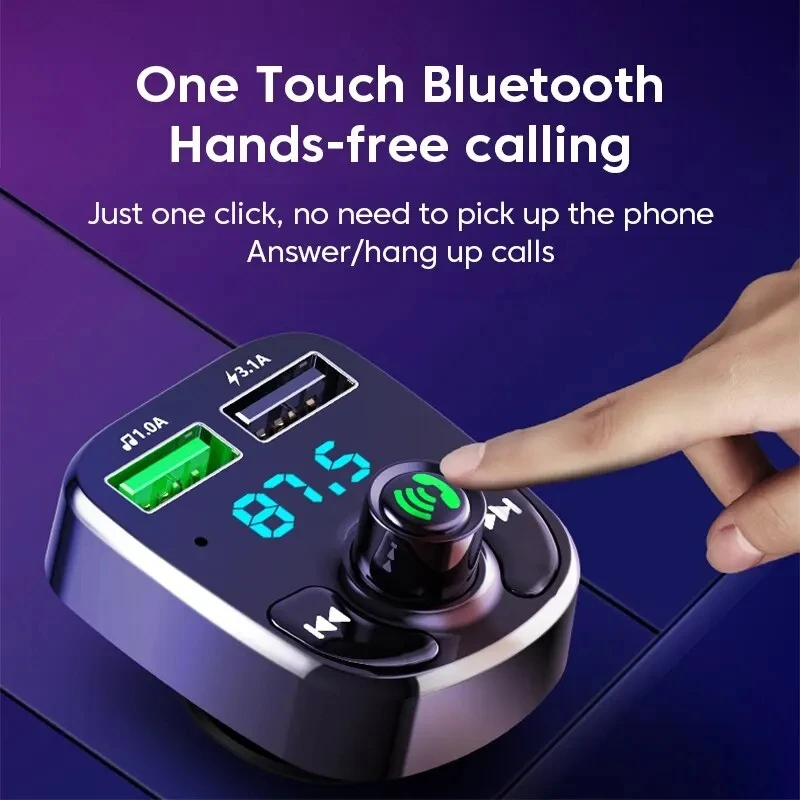 Dual USB Car Charger with Bluetooth 5.0 MP3 Transmitter – 3.1A QC3.0 & Type-C PD Fast Charging, Hands-Free Kit