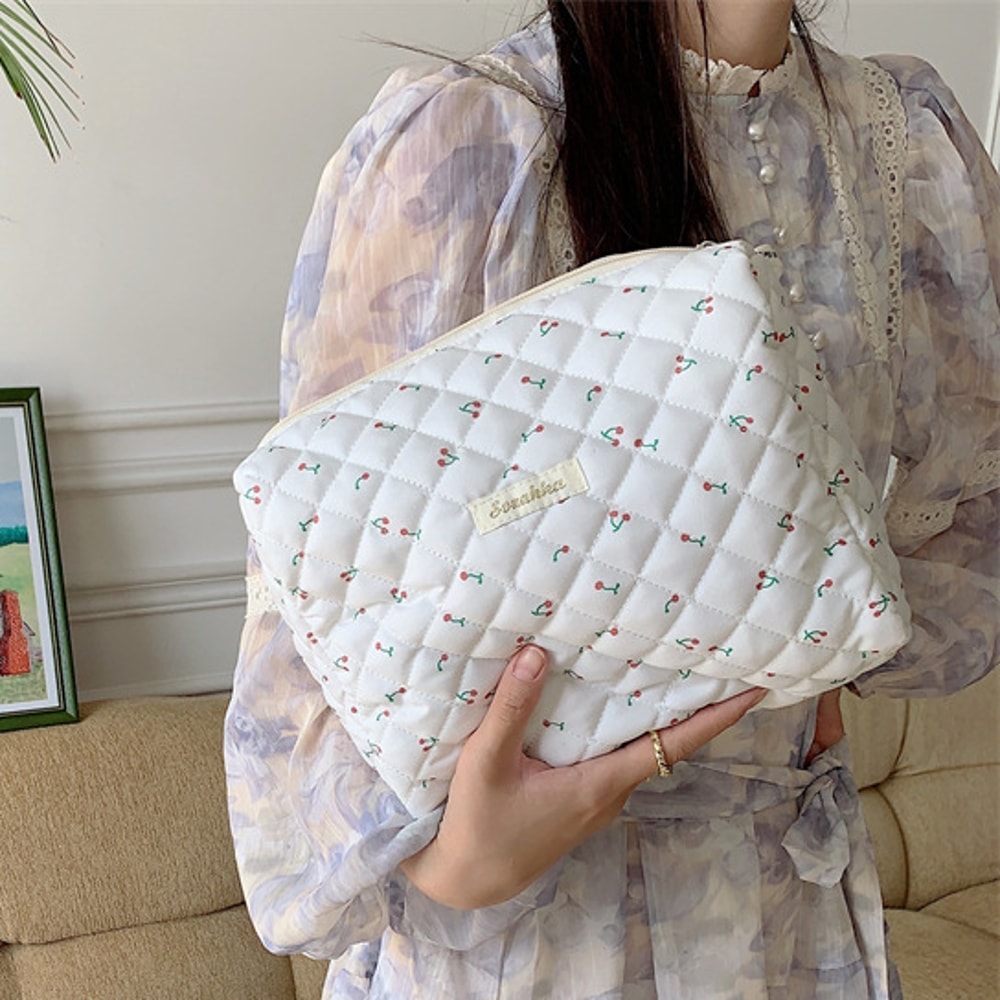 Retro Cherry Quilted Cotton Cosmetic Bag for Ladies, Travel Storage, Cute Pencil Case & Makeup Handbags for Women