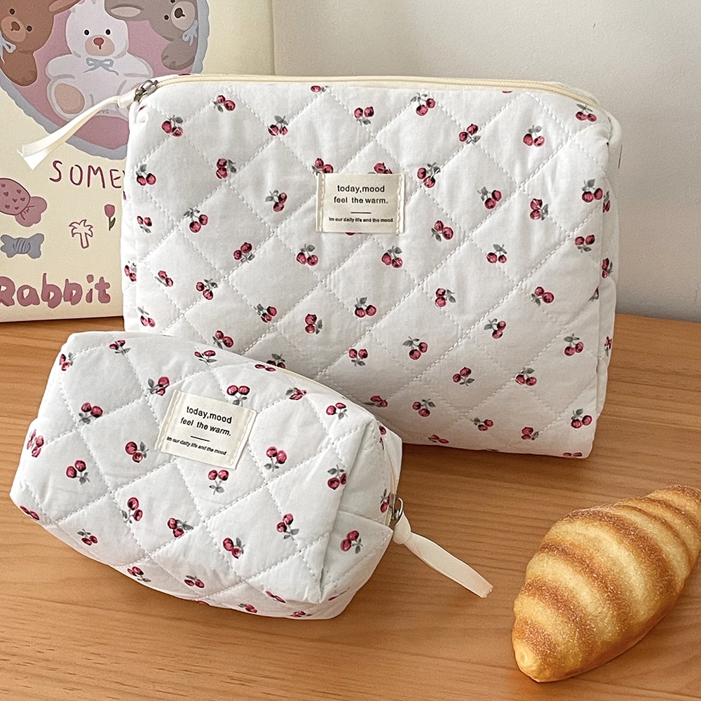 Portable Cherry Makeup Bag for Women Cotton Quilted Zipper Handbag, Cute Fashion Travel Cosmetic Pouch, Toiletry Storage