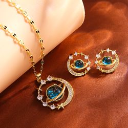 elegant titanium steel planet jewelry set, round earring & necklace gift for women, fashionable female birthday present
