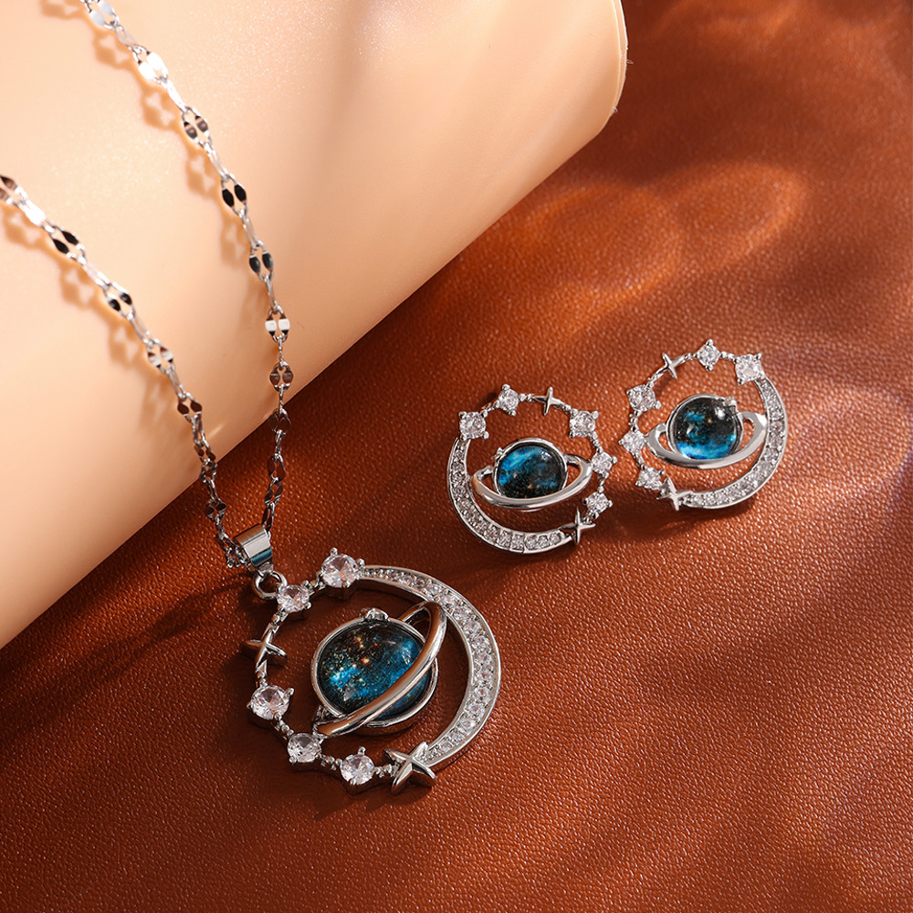 Elegant Titanium Steel Planet Jewelry Set, Round Earring & Necklace Gift for Women, Fashionable Female Birthday Present