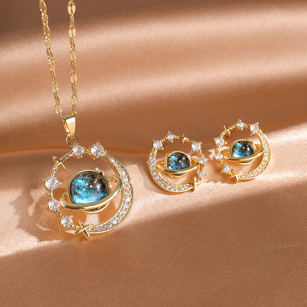Elegant Titanium Steel Planet Jewelry Set, Round Earring & Necklace Gift for Women, Fashionable Female Birthday Present