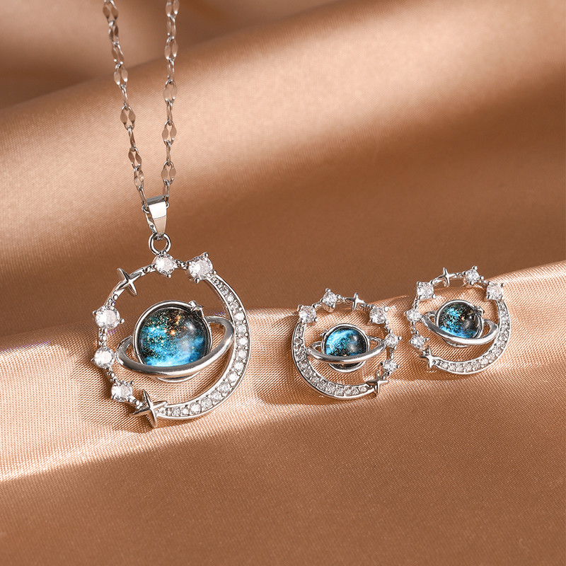Elegant Titanium Steel Planet Jewelry Set, Round Earring & Necklace Gift for Women, Fashionable Female Birthday Present
