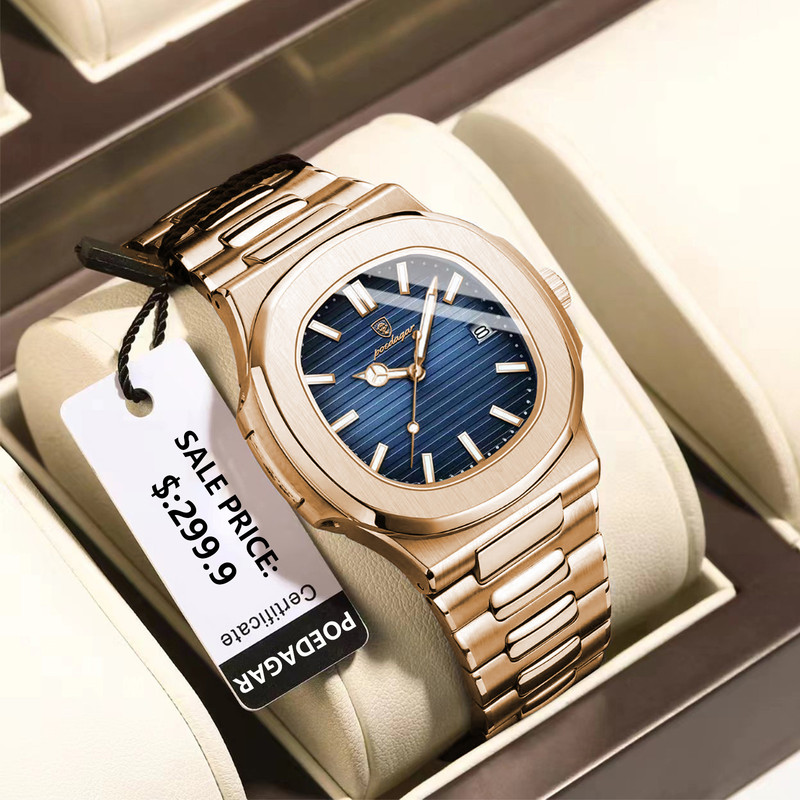 Fashion Square Quartz Watch for Men, Waterproof Luminous Date Stainless Steel, Business Luxury Wristwatch