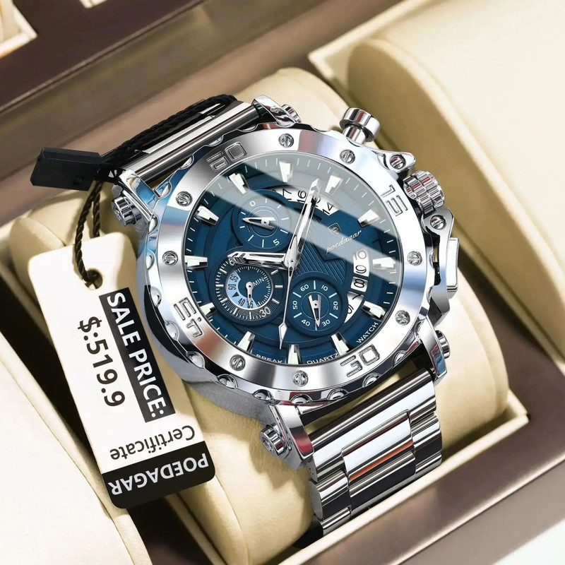 POEDAGAR Luxury Watch For Men, Calendar Quartz Chronograph, Waterproof Stainless Steel Luminous Man Clock