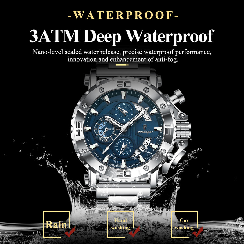 POEDAGAR Luxury Watch For Men, Calendar Quartz Chronograph, Waterproof Stainless Steel Luminous Man Clock