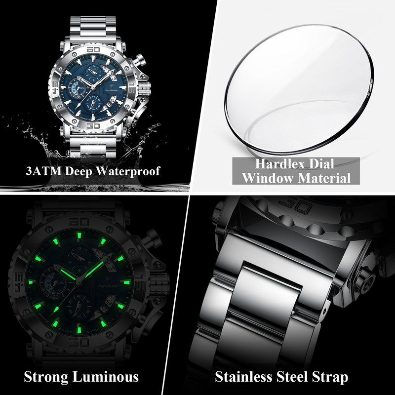 POEDAGAR Luxury Watch For Men, Calendar Quartz Chronograph, Waterproof Stainless Steel Luminous Man Clock