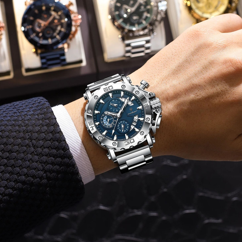 POEDAGAR Luxury Watch For Men, Calendar Quartz Chronograph, Waterproof Stainless Steel Luminous Man Clock
