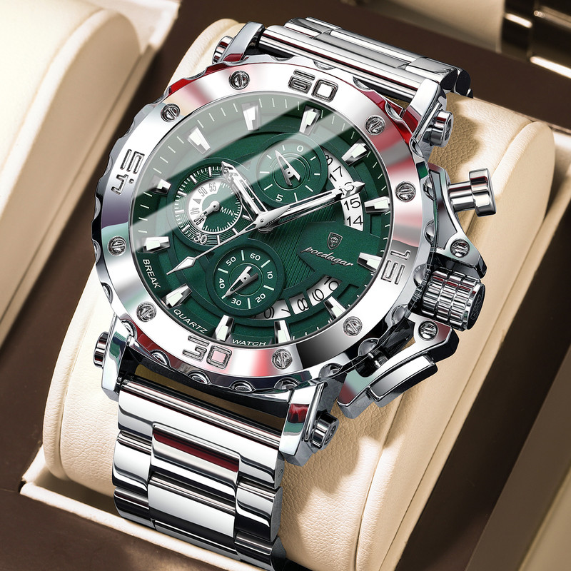 POEDAGAR Luxury Watch For Men, Calendar Quartz Chronograph, Waterproof Stainless Steel Luminous Man Clock
